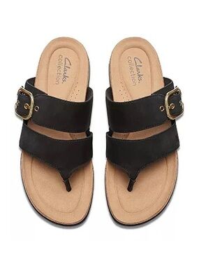 Clarks Collection Reileigh Park Sandals Size 8 Black Leather Thong Slides